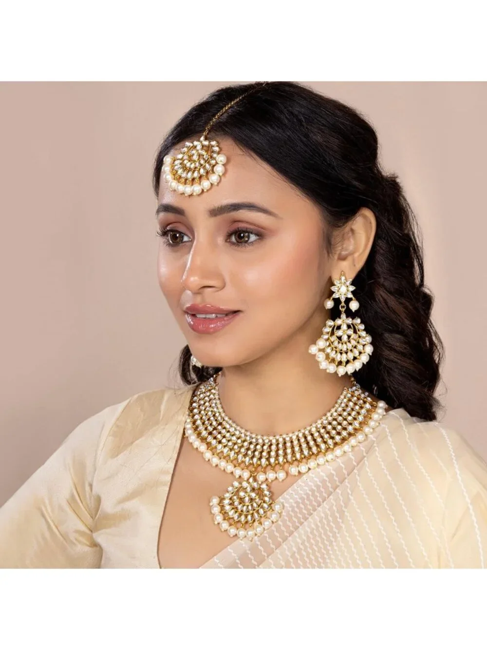 Stunning Indian Maang Tikka & Kundan Necklace Earrings Set - Ethnic Wedding